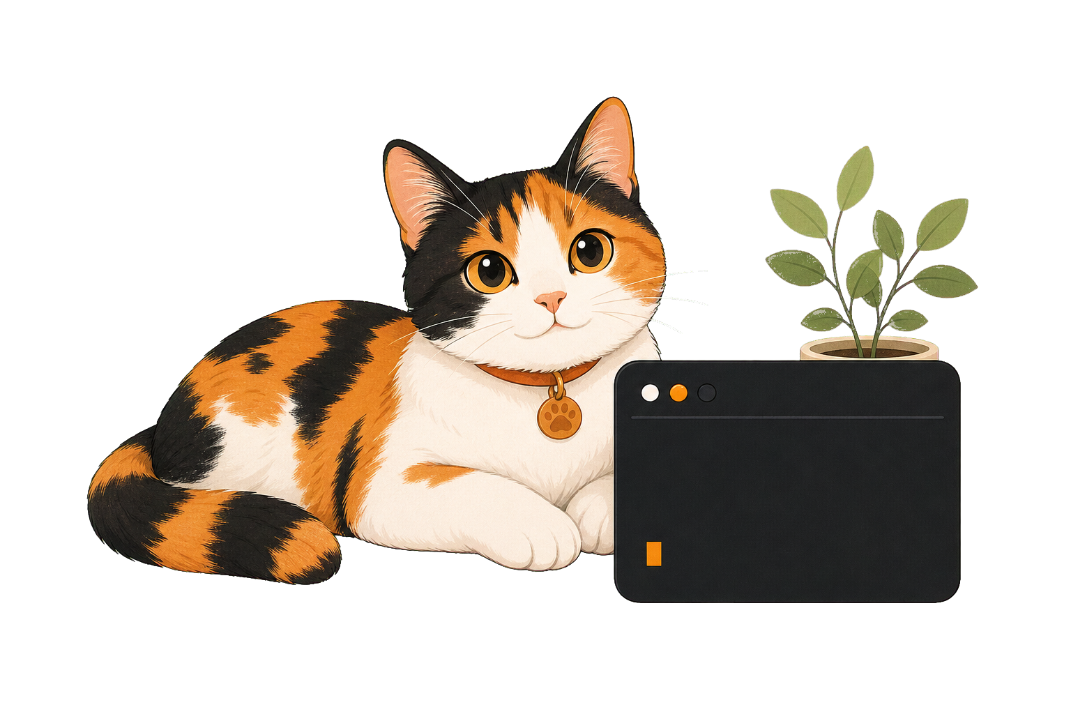 三花猫与电脑的主题插画
